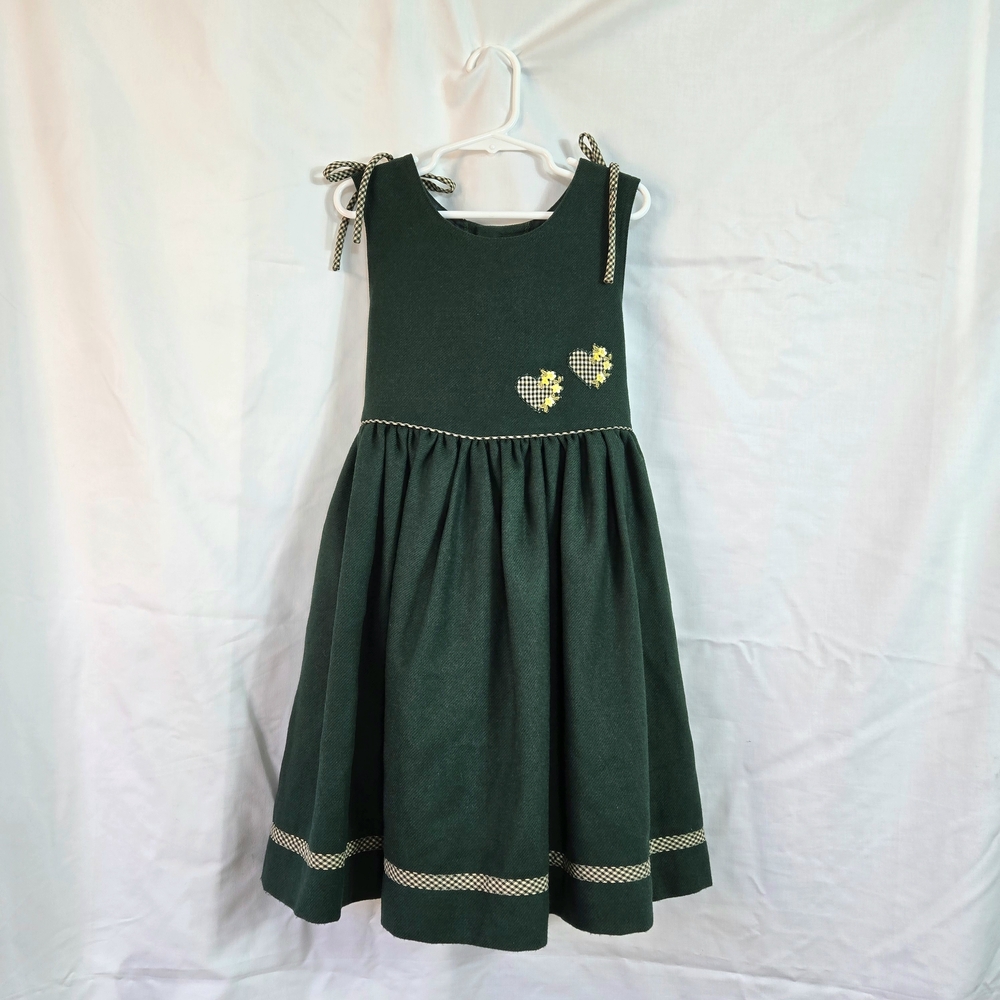 Pamela Chicas Girls Green Sleeveless Heart Gingham Accent Wool Dress 5 Vtg Spain